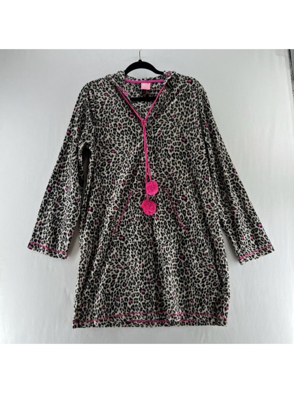 Jenni Fleece Hooded Sleepshirt Womens L Leopard Pom Pom Lounge Dress Multicolor
